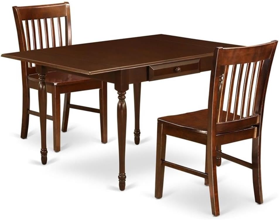 East West Furniture MZNO3-MAH-W 3 Piece Dining Set Contains a Rectangle Dining Room Table with Dropleaf and 2 Wood Seat Chairs, 36x54 Inch, Mahogany