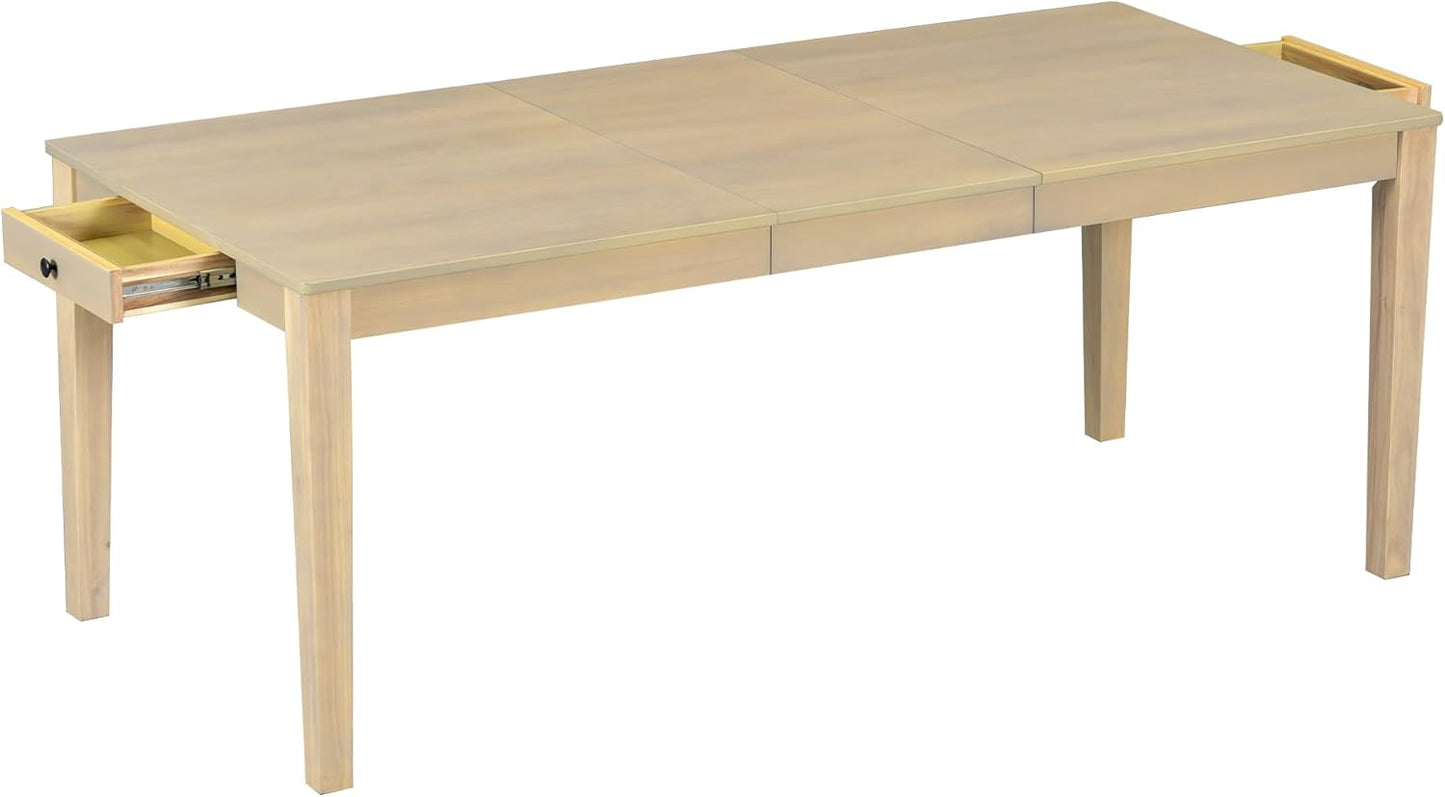 Merax Rustic 7 Piece 78.1inch Extendable Dining Table Set with 18inch Removable Leaf, 6 Upholstered Dining Chairs, 2 Built-in Drawers, Natural