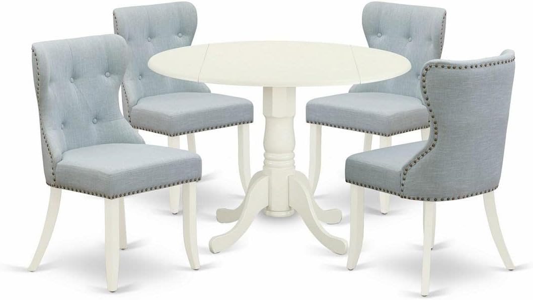 East West Furniture DLSI5-WHI-15 5 Piece Kitchen Table & Chairs Set Includes a Round Dining Room Table with Dropleaf and 4 Baby Blue Linen Fabric Parsons Chairs, 42x42 Inch, Linen White