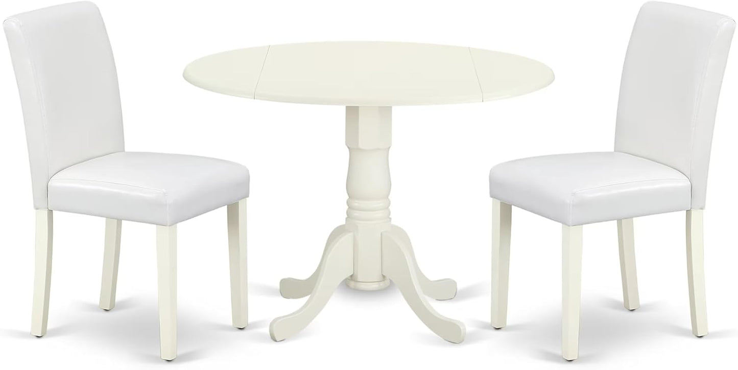 East West Furniture DLAB3-LWH-64 3 Piece Dinette Set for Small Spaces Contains a Round Dining Table with Dropleaf and 2 White Faux Leather Parson Dining Chairs, 42x42 Inch, Linen White
