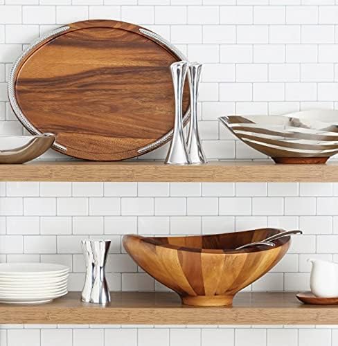 Nambe Braid 19-Inch Serving Platter - Modern Scandinavian Wood Tray with Braided Chrome Handles, Elegant Entertaining & Dining Piece for Charcuterie, Appetizers & Cocktails