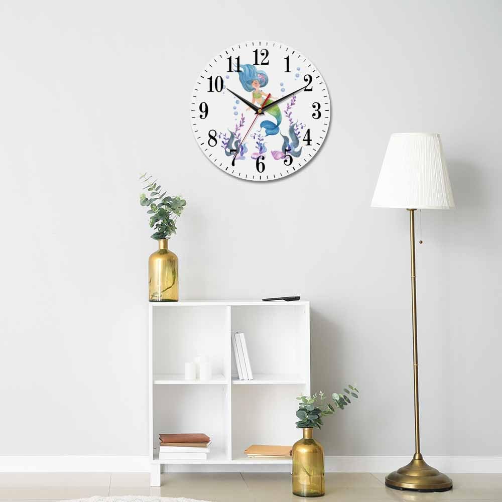 Mxocom Mermaid Wall Clock Watercolor Cartoon Mermaid Tail and Floral 10 Inch Silent Non Ticking Battery Operated Clock Vintage Round Clock for Living Room Bedroom Bathroom Office Decor