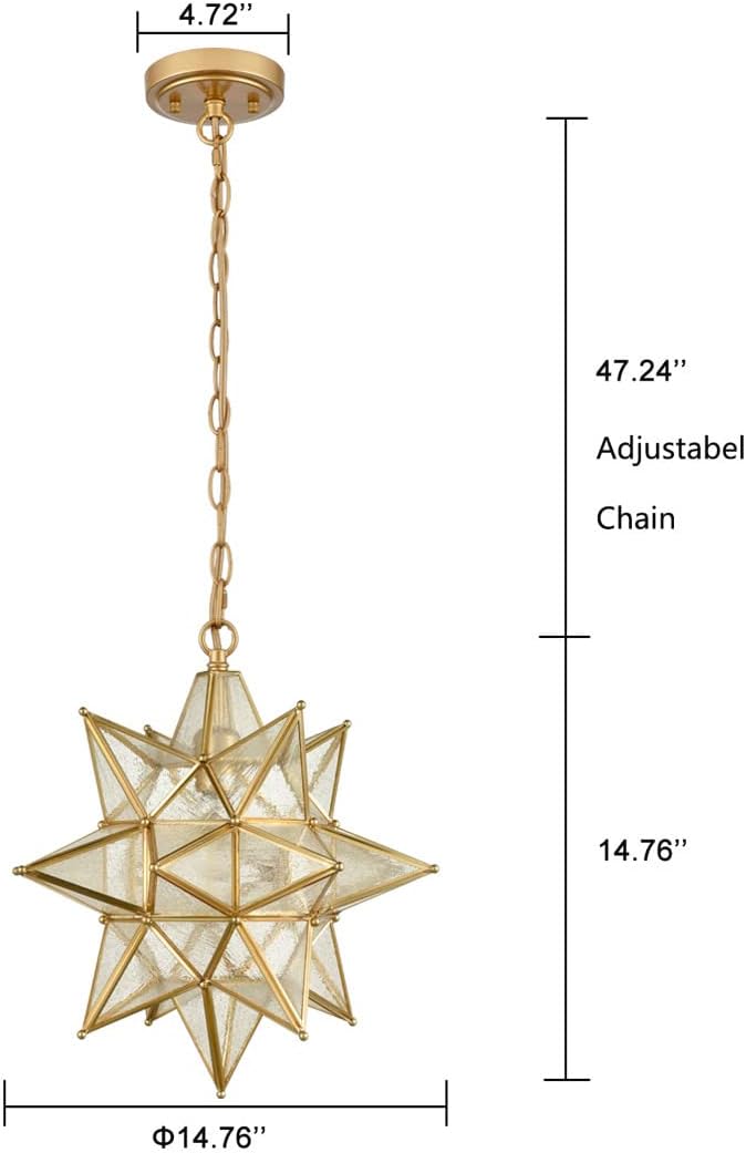 DIRYZON Modern Gold Moravian Star Pendant Light for Kitchen Island 16-Inch Hanging Ceiling Light Seeded Glass Single Pendant Light with Chain
