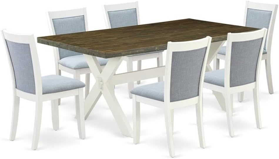 East West Furniture X077MZ015-7 7 Piece Dining Room Table Set Consist of a Rectangle Kitchen Table with X-Legs and 6 Baby Blue Linen Fabric Parson Dining Chairs, 40x72 Inch, Multi-Color