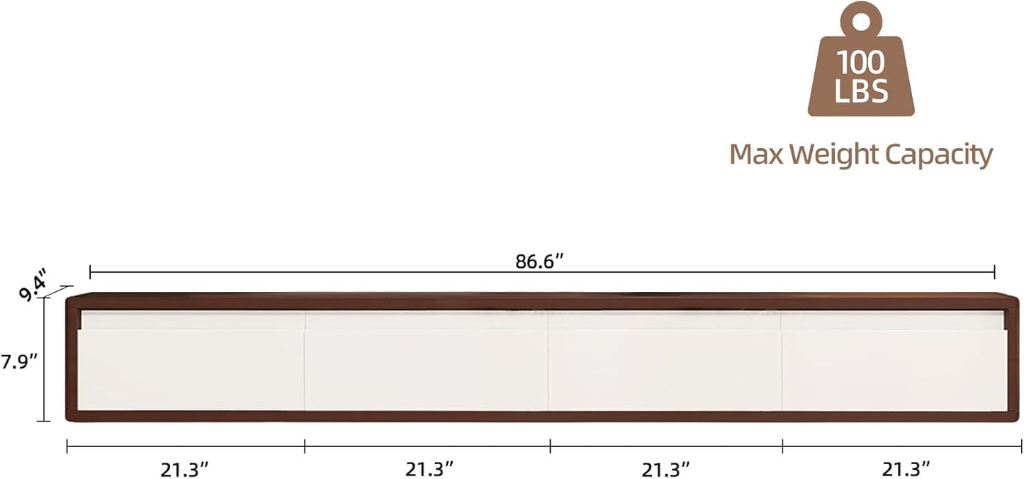 Floating TV Stand High Gloss,86'' Wall-Mounted TV Cabinet,Floating TV Console,Under TV Shelf with 3 Doors for Living Room Bedroom(Walnut+White)