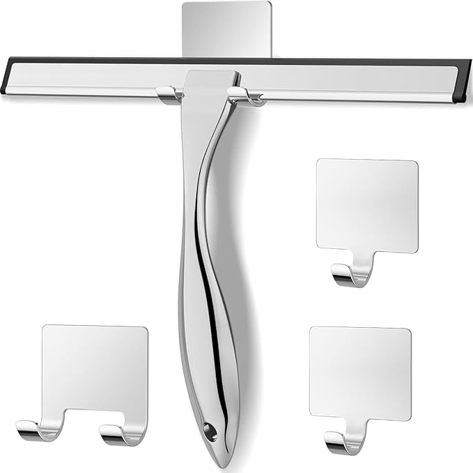 Stainless Steel Shower Squeegee for Glass, Includes 3 Adhesive Hooks, Shower Door Squeegee for Bathroom, Household Window, Car Windshield, Mirrors, Tiles Scrubber Clear, 12 inch, Silver