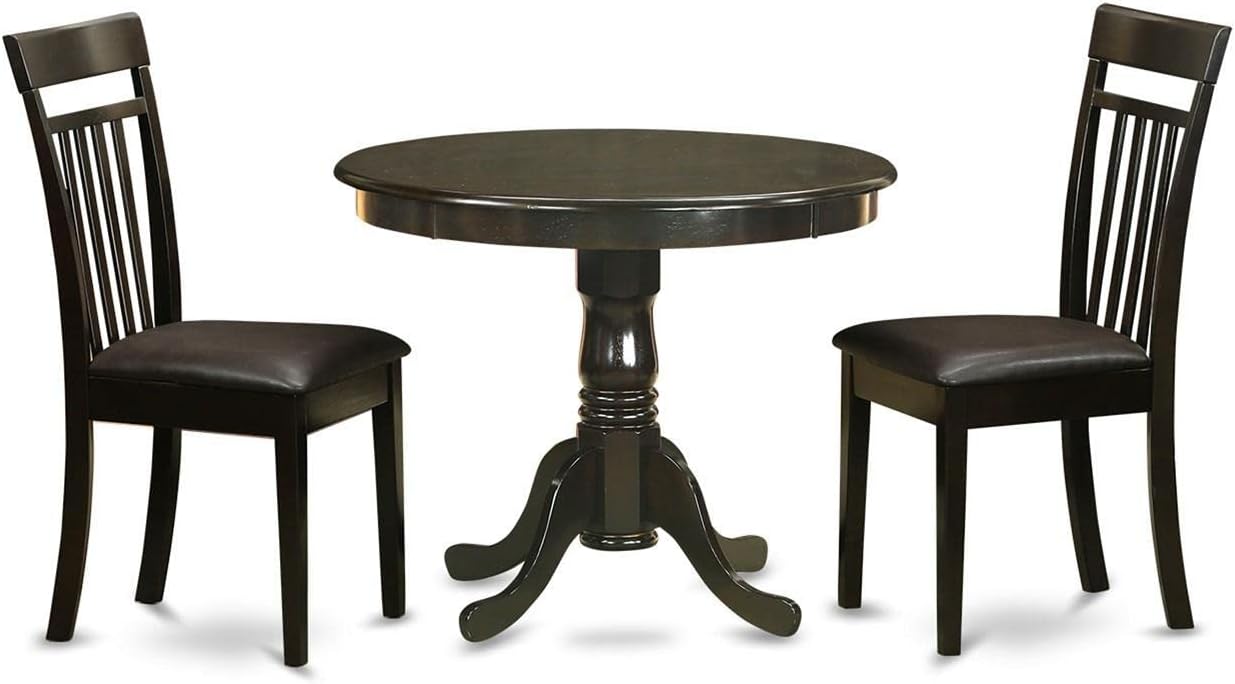East West Furniture ANCA3-CAP-LC 3 Piece Dining Room Table Set Contains a Round Wooden Table with Pedestal and 2 Faux Leather Kitchen Dining Chairs, 36x36 Inch, Cappuccino