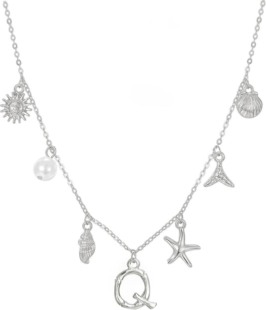 JALZEMPL Initial Charm Necklace For Women Seashell Shell Letter Boho Summer Beach Starfish 14k Gold Plated Silver Pendant Surfer Jewelry Gifts (Q,Silver)