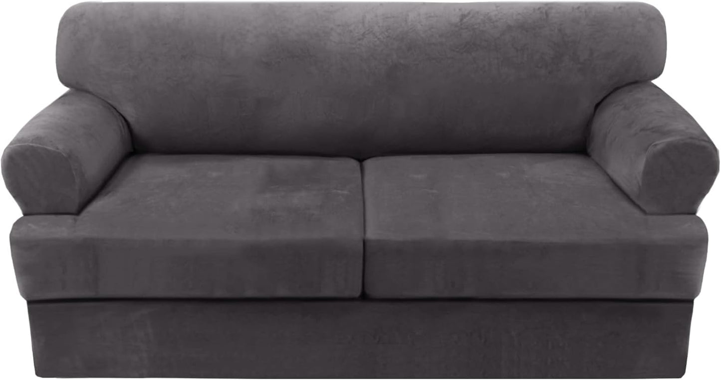 H.VERSAILTEX Sofa Cover 3 Piece T Cushion Sofa Slipcovers Thick Velvet Couch Cover Furniture Protector Stretch T Cushion Sofa Covers for 2 Cushion Couch with 2 T Cushion Covers Washable, Grey