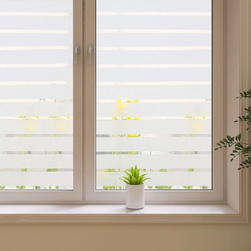 2/4 Stripe Frosted Window Film, Privacy Glass Window Sticker, Vinyl Decorative Window Decals, UV Protection Static Clings No-Glue Removable Window Film for Home Office Meeting Room(35.4 x 78.7 inch)