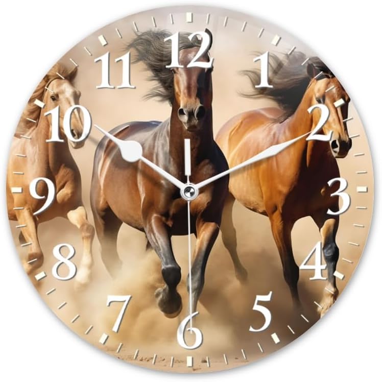 Horses Wall Clock Non-Ticking Silent Clocks Battery Operated Analog Decor Clock for Home-Horses Running Through The Desert Dust Flying(10inch)
