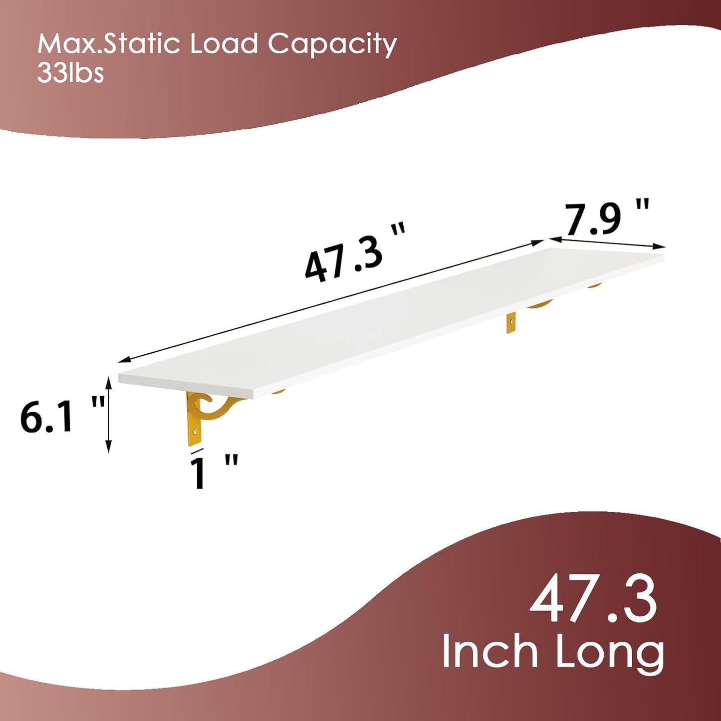 DINZI LVJ Long Wall Shelves, 47.3" Wall Mounted Shelves Set of 4, Wide Floating Shelf with Metal Brackets, for Living Room, Bathroom, Bedroom, Kitchen, Office, White and Gold