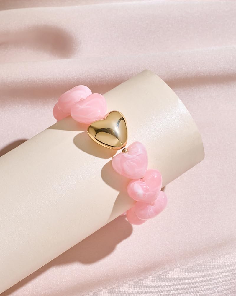 FAUTHENTICUTE Swirled Pink Heart Bracelet for Women Chunky Acrylic Resin Heart-shaped Bead Bracelet Trendy Boho Statement Summer Beach Jewelry Gift For Her