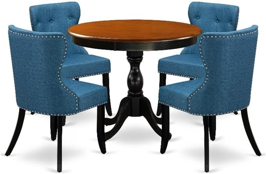 East West Furniture AMSI5-BCH-21 5 Piece Dining Room Furniture Set Includes a Round Kitchen Table with Pedestal and 4 Blue Linen Fabric Parsons Dining Chairs, 36x36 Inch, Black & Cherry