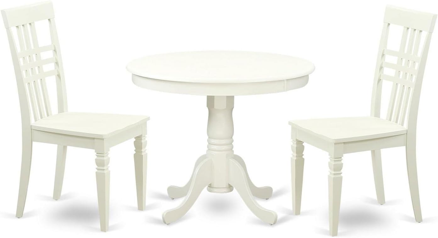 East West Furniture ANLG3-LWH-W 3 Piece Dining Table Set for Small Spaces Contains a Round Kitchen Table with Pedestal and 2 Dining Chairs, 36x36 Inch, Linen White