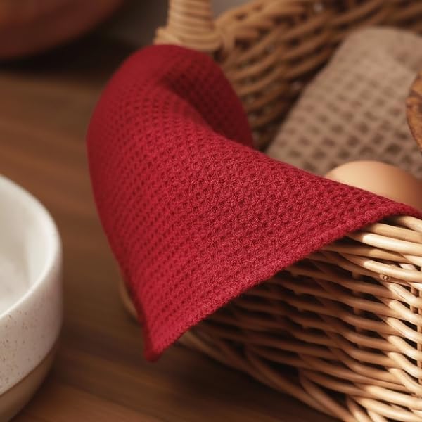 PurpleEssences Dish Cloths and Dish Rags - 8 Pack Waffle Weave Solid Kitchen Dish Wash Cloths, 100% Cotton, 12 x 12 Inches, Ultra Soft Absorbent Quick Drying - Christmas Holiday Winter - Red