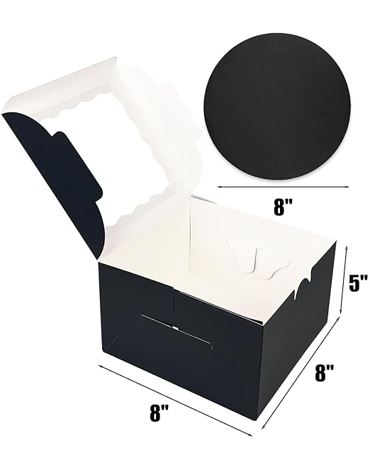 qiqee 8x8x5 Cake Box, 18 Sets Black Cake Box with Window ＆ 18 Sets 8" Black Cake Round Boards, 8inch Cake Containers