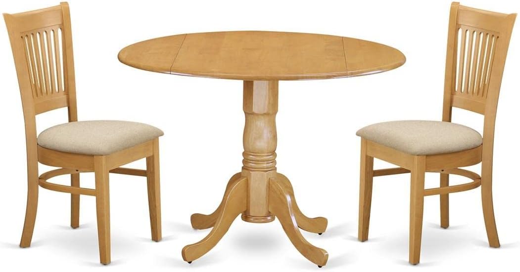 East West Furniture DLVA3-OAK-C 3 Piece Dining Set Contains a Round Dining Room Table with Dropleaf and 2 Linen Fabric Upholstered Chairs, 42x42 Inch, Oak