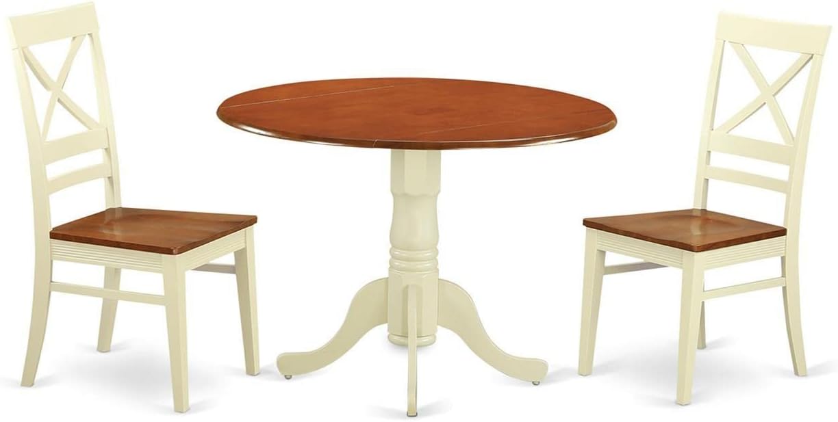 East West Furniture DLQU3-BMK-W 3 Piece Dining Room Furniture Set Contains a Round Kitchen Table with Dropleaf and 2 Dining Chairs, 42x42 Inch, Buttermilk & Cherry