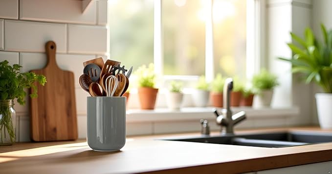 Kitchen Utensil Holder, Ceramic Utensil Holder for Kitchen Counter, Stable Cooking Utensil Crock, Spatula Holder for Farmhouse Countertop（H6.3inch)
