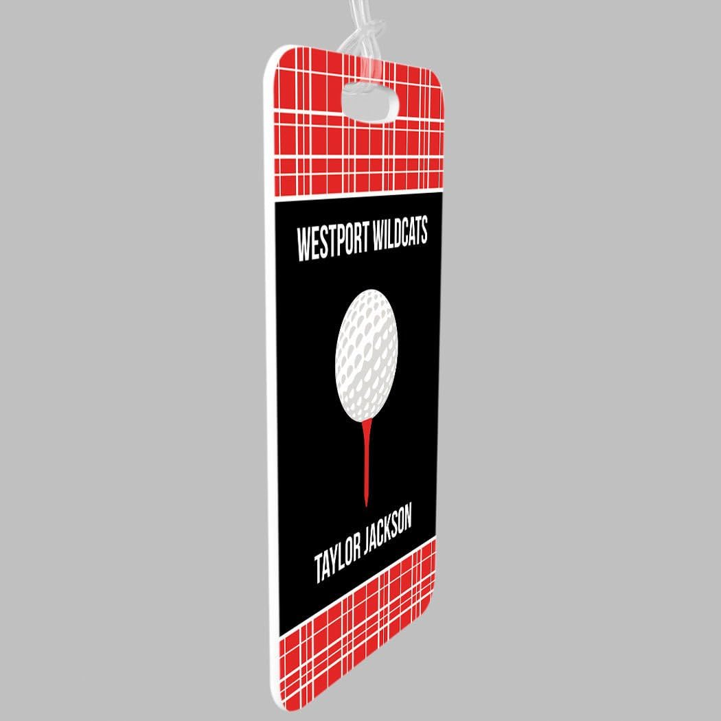 ChalkTalkSPORTS Golf Luggage & Bag Tag | Personalized Team with Golf Ball | Standard Lines on Back | Small | Red/Black