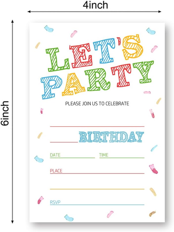Birthday Invitations with Colorful Design, Birthday Invitations for Boys Teens Kids Girls, Birthday Invitations, birthday party invitations. (Let's Party(081))