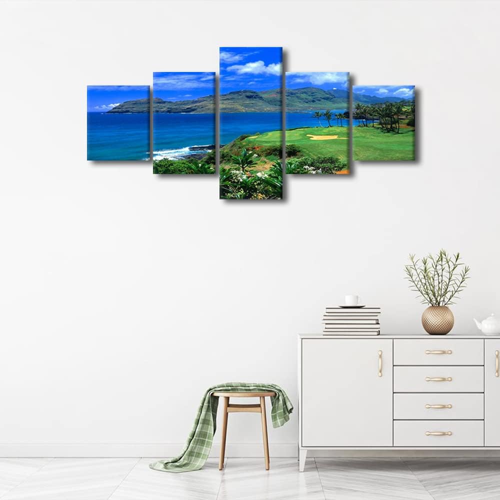Lagoons Golf Course Wall Art Hawaii Ocean Golf Course Wall Decor Posters Framed Paintings Canvas 5 Panels Wall Art for Living Room Bedroom Office Wall Decorations Framed Ready to Hang - 50" W x 24" H