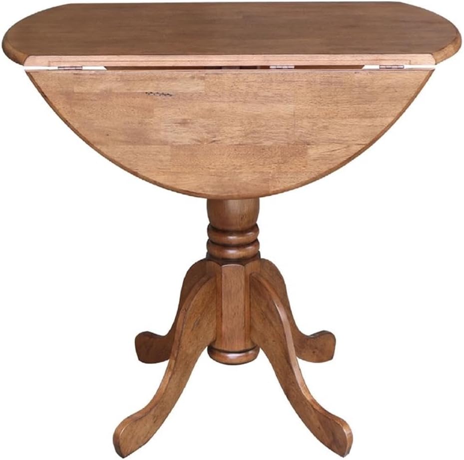 IC International Concepts 42-Inch Round Dual Drop Leaf Pedestal Dining Table, Elegant Space-Saving Furniture for Home and Office - Distressed Oak Finish