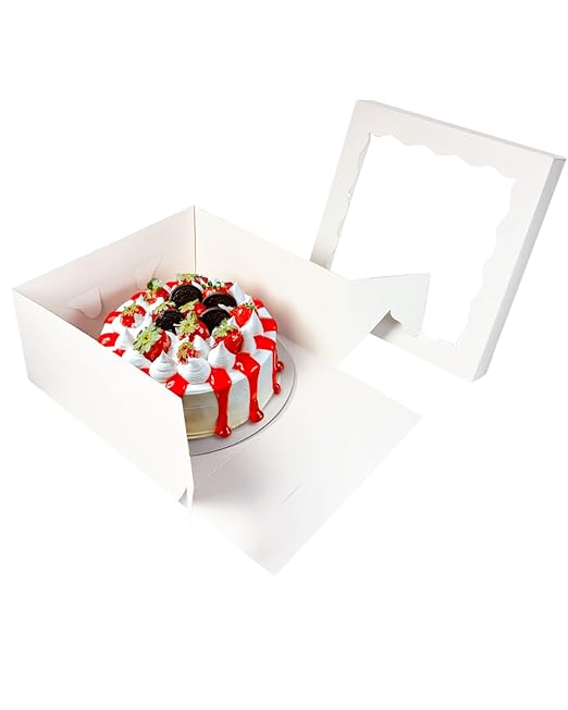 qiqee 12x12x6 Cake Box, 18 Sets White Cake Box with Window ＆ 18 Sets 12" White Cake Round Boards, 12inch Cake Containers, 10 Meters Gold Silk Ribbon