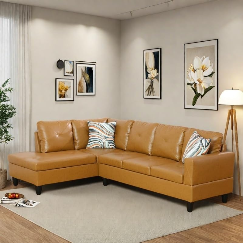 NAYSAYE L Shaped Couch, Leather Modular Sectional Couch with Ottoman Storage, Modern Lounge Sofa Convertible Sectional Couches for Living Room, Apartment, Ginger