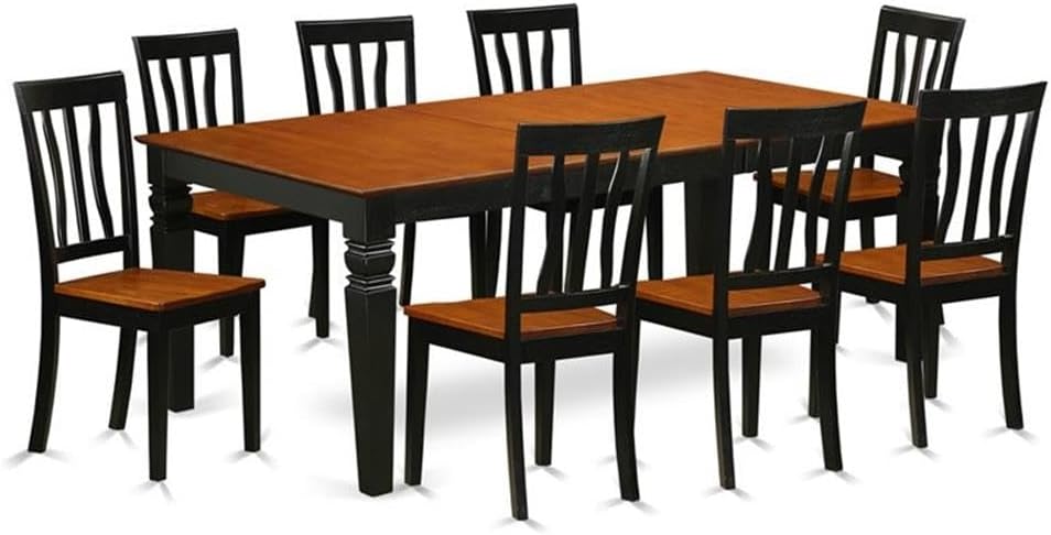 East West Furniture LGAN9-BCH-W 9 Piece Dining Table Set Includes a Rectangle Dining Room Table with Butterfly Leaf and 8 Wooden Seat Chairs, 42x84 Inch, Black & Cherry