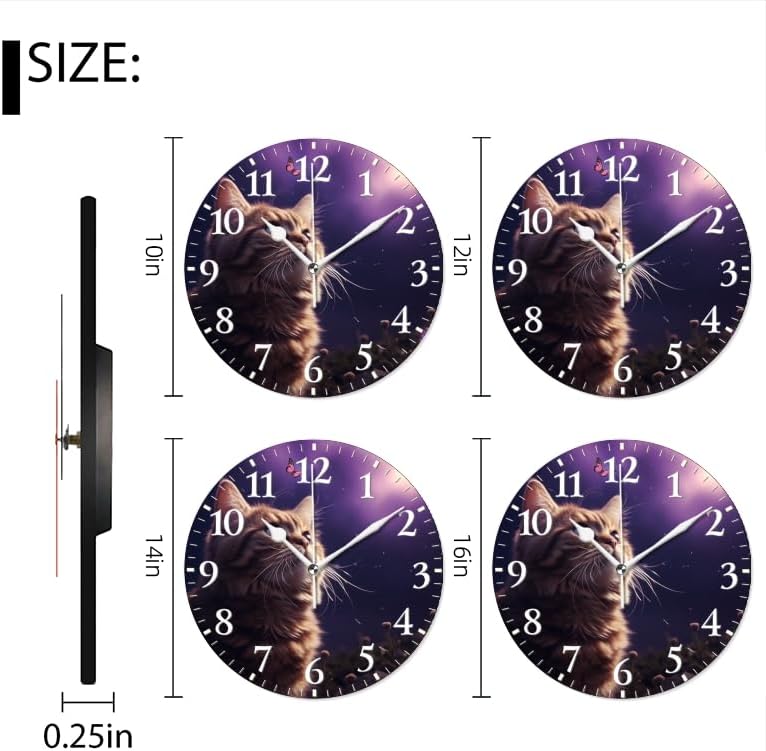Cat Wall Clock Non-Ticking Silent Clocks Battery Operated Analog Decor Clock for Home-Cute Cat Gazing at Butterflies in The Sky(10inch)