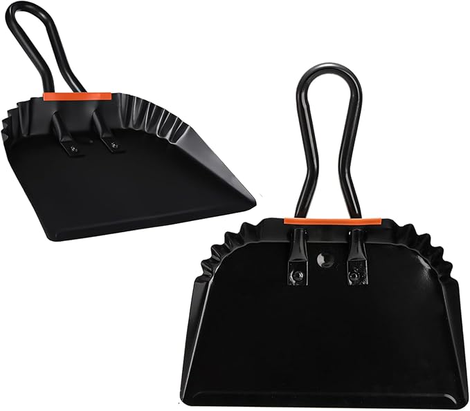 2 Pcs Black Metal Dustpan, 12 Inch Heavy Duty Steel Dust Pan with Handle Handheld Dustpan Wide Scooper for Indoor, Outdoor, Fireplace, Industrial and Commercial Use