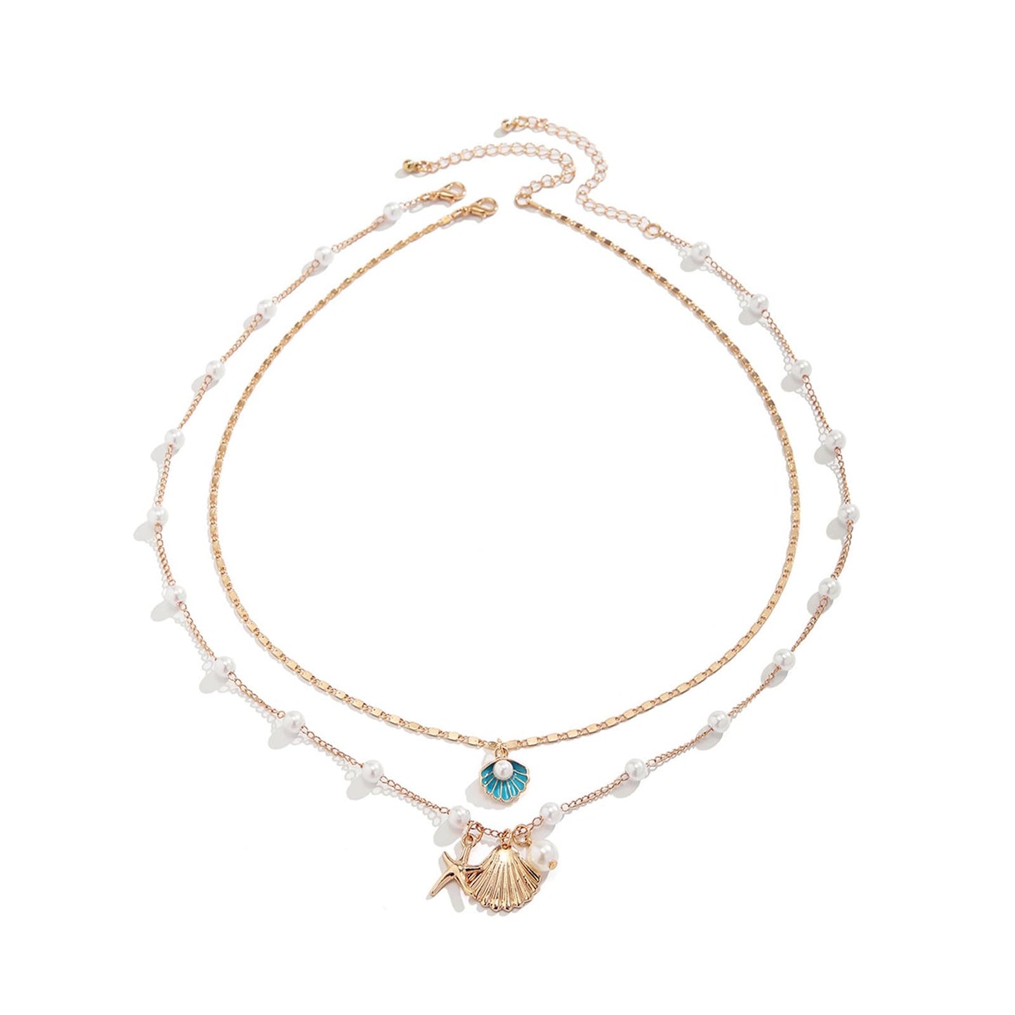 Boho Starfish Seashell Layered Necklace Gold Silver Plated Dainty Charm Double Layer Sea Shell Lucky Stars Ocean Animal Chain Necklace for Women Hawaiian Summer Beach Vacation Jewelry Gifts (Blue)