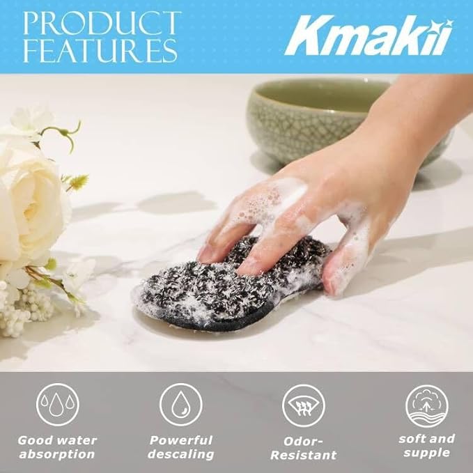 KMAKII Bamboo Fiber Scrub Sponges, Non-Scratch & Durable,6.3 × 3.1 inches, Black, 4-Pack