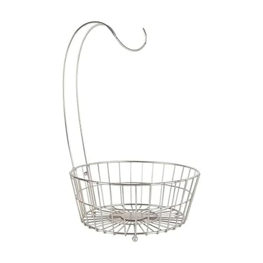 Gourmet Basics by Mikasa Geneva Countertop Fruit Basket with Banana Hanger – Nickel-Finish Metal Storage Stand for Kitchen Countertop Organization