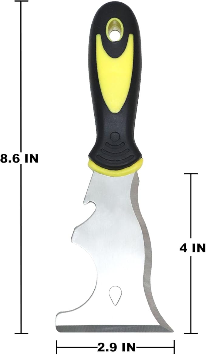 9-in-1 Painter's Tool, Straight Scraper, Gouger, Roller Cleaner, Curved Scraper, Bottle Opener, Can Opener, Nail Puller, Screwdriver, Hammer | Stainless Steel/Soft Grip Handle