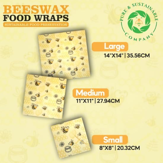 Pure & Sustainable Company® Beeswax Wraps – Pattern 3-Pack | Reusable Food Storage (8x8, 11x11, 14x14) – Eco-Friendly Plastic Wrap Alternative Beeswax Wraps for Food Storage (Honeycomb Print)