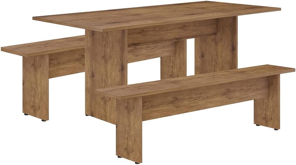 Manhattan Comfort Nomad 3 Piece Dining Set for 6 with Modern Kitchen Table and 2 Benches, Farmhouse Furniture with Rustic Wood Grain Finish, Pedestal Base, Easy Assembly, Dining Set, Nature
