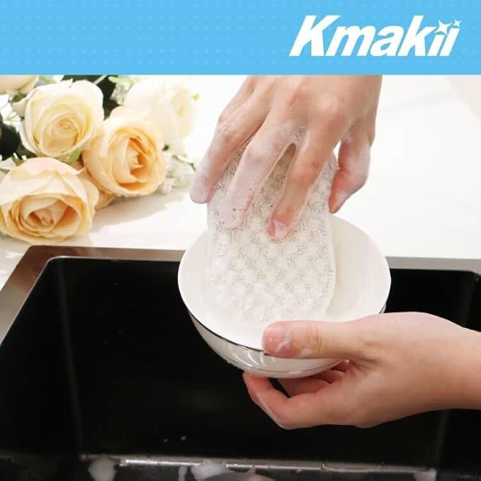KMAKII Bamboo Fiber Scrub Sponges, Non-Scratch & Durable,6.3 × 3.1 inches, White, 4-Pack