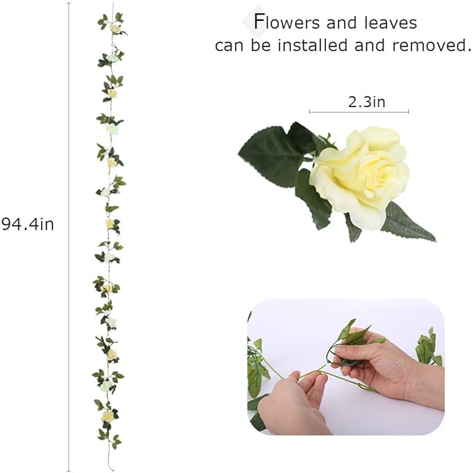 4 Pack Artificial Flower Garland Silk Roses Vines Fake Flowers Garland with Flowers Hanging Flowers Garlands for Wedding Arch Room Decoration 7.2 Ft (White)