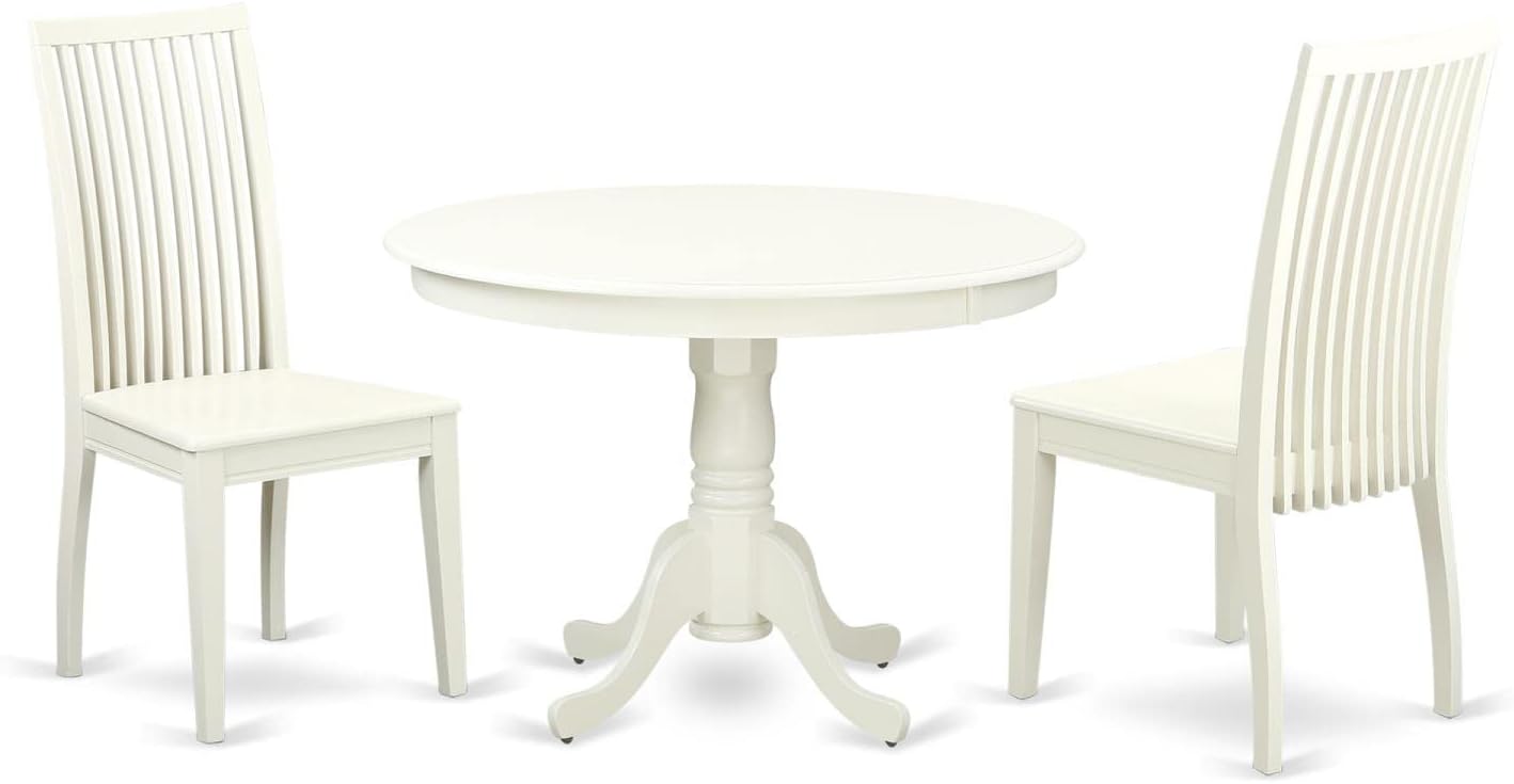 East West Furniture HLIP3-LWH-W 3 Piece Kitchen Table Set for Small Spaces Contains a Round Dining Room Table with Pedestal and 2 Solid Wood Seat Chairs, 42x42 Inch, Linen White