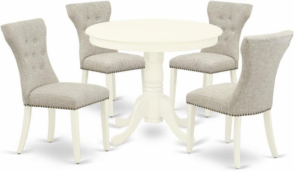 East West Furniture ANGA5-LWH-35 5 Piece Dining Table Set for 4 Includes a Round Kitchen Table with Pedestal and 4 Doeskin Linen Fabric Upholstered Parson Chairs, 36x36 Inch, Linen White