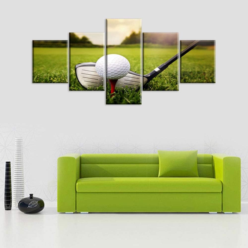 Golf Field Wall Art Green Grass Paintings Giclee Multi Panels Canvas Pictures for Living Room HD Prints Man Cave Signs and Decor Sunset Artwork Framed Stretched Ready to Hang Gift(50''W x 24''H)