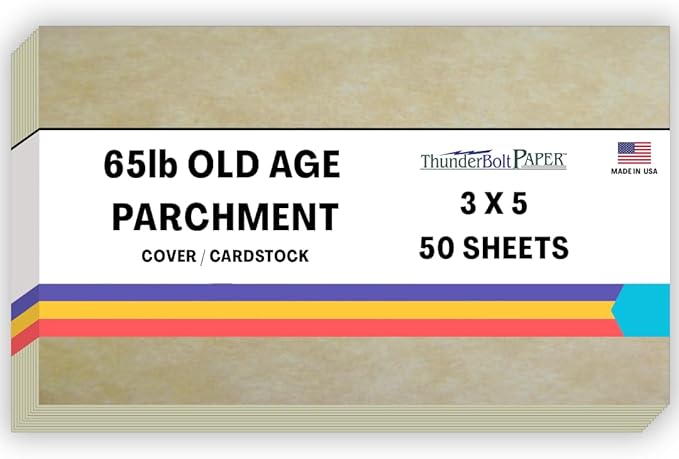 50 Old Age Parchment 65lb Cover Paper Sheets 3 X 5 Inches Cardstock Weight Colored Sheets 3" X 5" (3X5 Inches) Index|Recipe Card|Photo|Frame Size - Printable Parchment Semblance by The Pulp Process