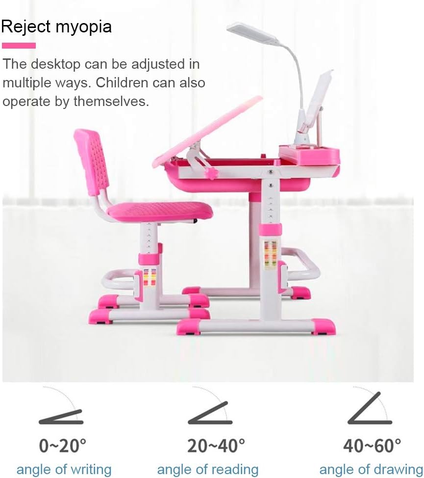 Kids Desk and Chair Set, Height Adjustable Children School Study Desk with Tilt Desktop, Bookstand, LED Lamp, Metal Hook and Storage Drawer for Boys Girls, Pink