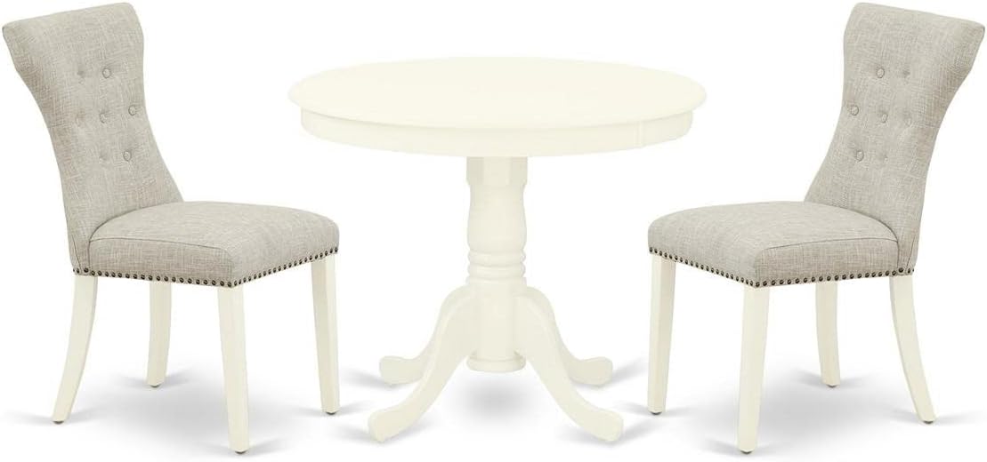 East West Furniture ANGA3-LWH-35 3 Piece Dining Room Furniture Set Contains a Round Dining Table with Pedestal and 2 Doeskin Linen Fabric Upholstered Chairs, 36x36 Inch, Linen White