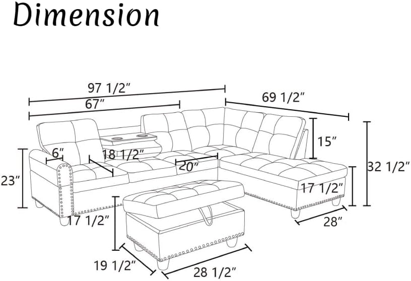 Modern Living Room Furniture Sets with Cup Holder, Modular Sectional Couches with Chaise Lounge, 4-Seaters L Shape Sofa with Storage Ottoman, for Living Room, Apartment, Purple