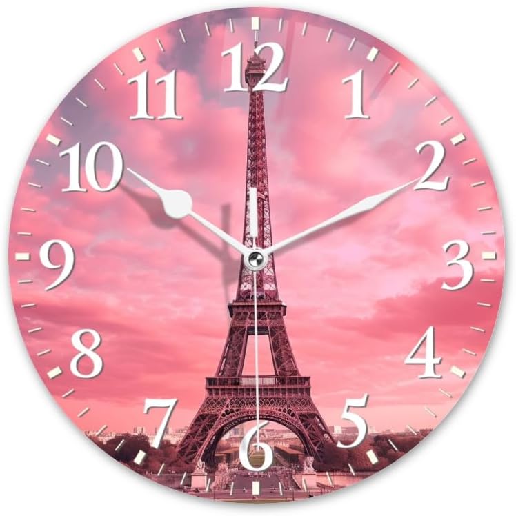 Paris Wall Clock Non-Ticking Silent Clocks Battery Operated Analog Decor Clock for Home-Eiffel Tower with Pink Sky and Pink Clouds(16inch)