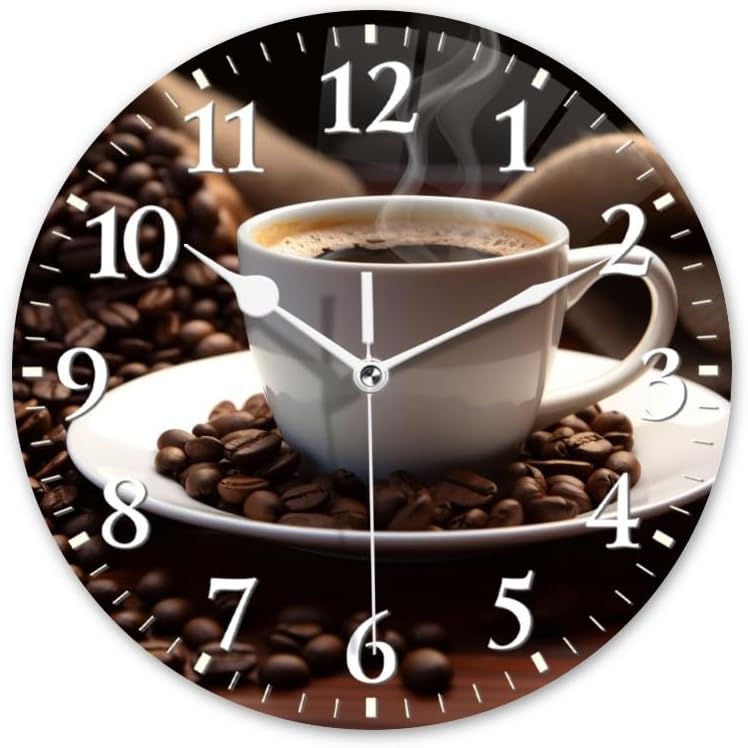 Coffee Wall Clock Non-Ticking Silent Clocks Battery Operated Analog Decor Clock for Home-Cup of Steaming Coffee Surrounded by Scattered Coffee Beans(10inch)